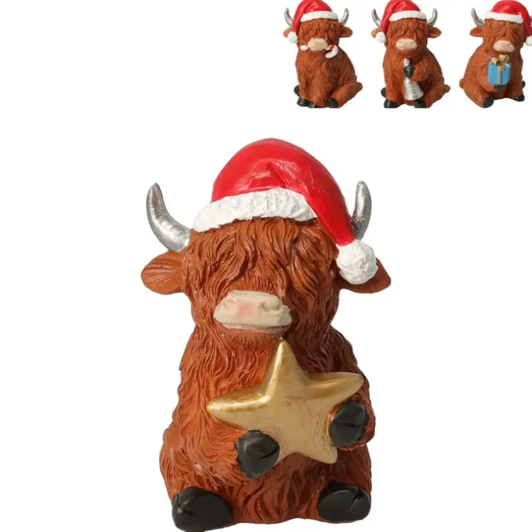Beeldje koe met kerstmuts - 12 cm - diverse varianten