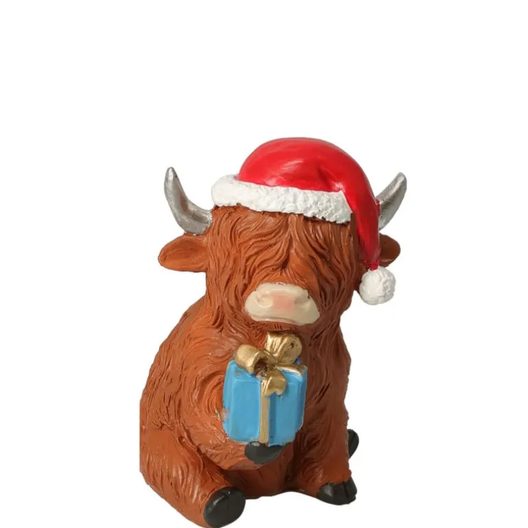 Beeldje koe met kerstmuts - 12 cm - diverse varianten