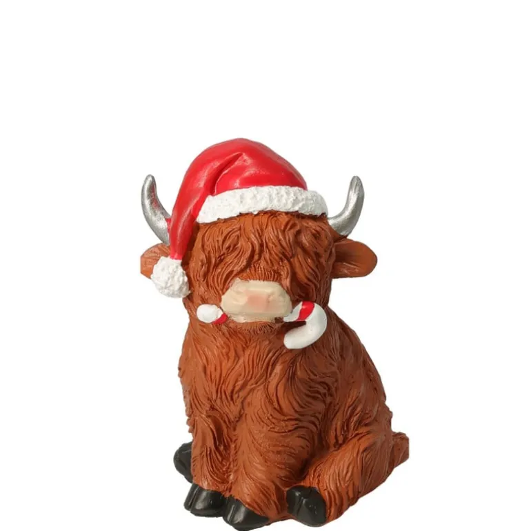 Beeldje koe met kerstmuts - 12 cm - diverse varianten