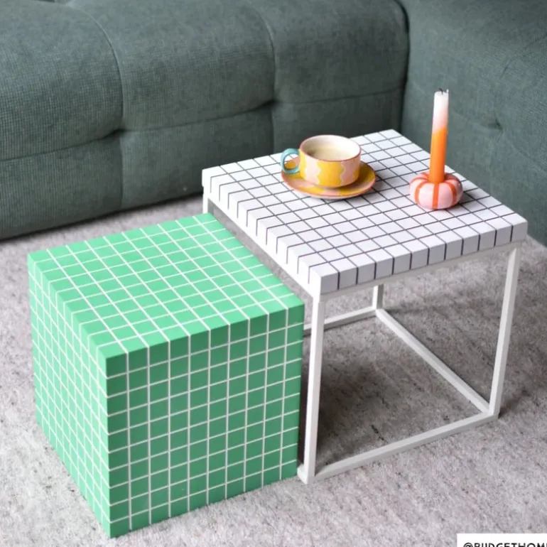 Bijzettafel kubus checks - groen - 30x30x30 cm