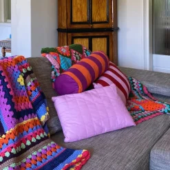 Bolster kussen met strepen - paars/oranje - ø18x45 cm