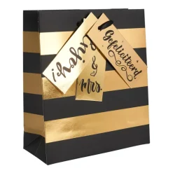 Cadeautasje zwart met goud - stripes - 18x21 cm