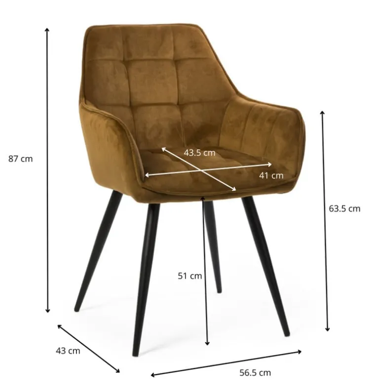 Eetkamerstoel velvet met armleuning - oker - 87x56.5x43 cm