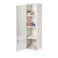 Hoge kast Luca met geribbeld glazen deurtje - offwhite - 160x42x40 cm