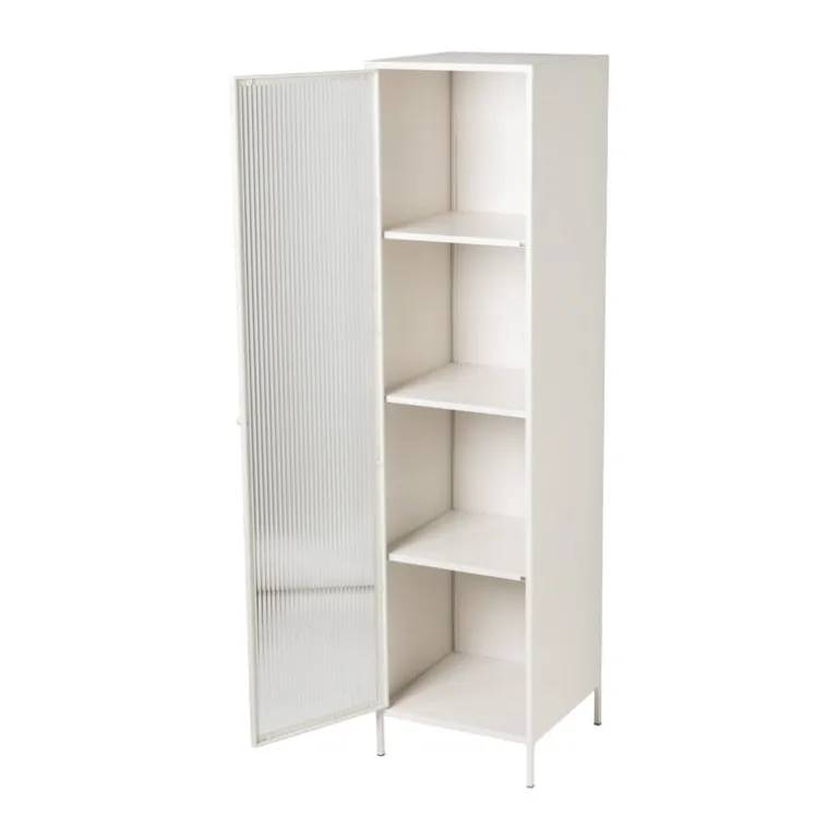 Hoge kast Luca met geribbeld glazen deurtje - offwhite - 160x42x40 cm