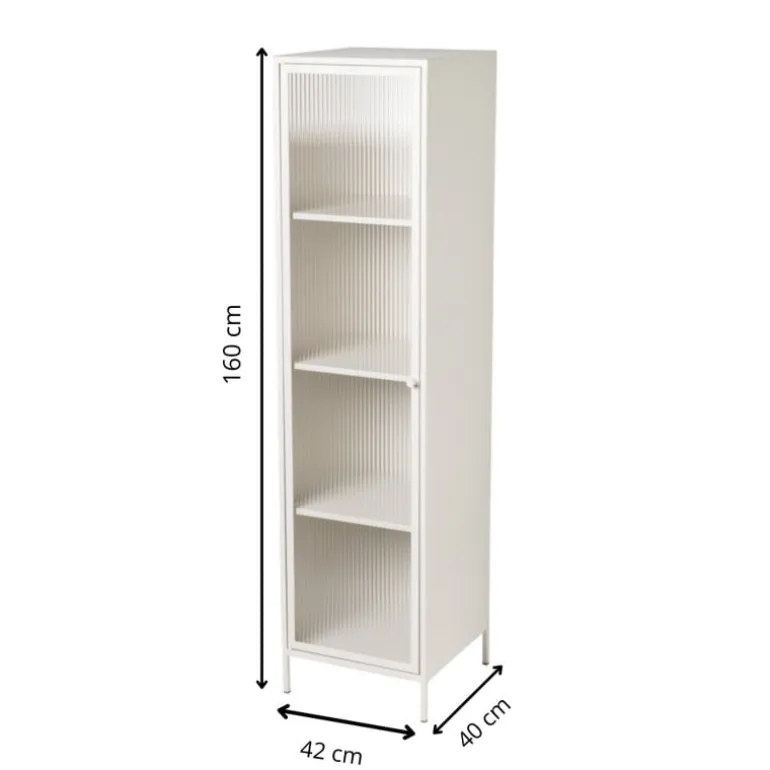 Hoge kast Luca met geribbeld glazen deurtje - offwhite - 160x42x40 cm