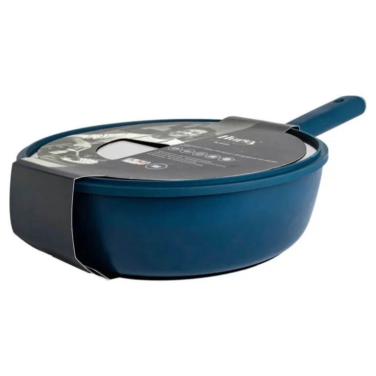 Hugo Kennis hapjespan met deksel - blauw/zwart - ø28x8 cm