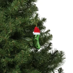 Kersthanger augurk met kerstmuts - groen - 11x3.5x3.2 cm