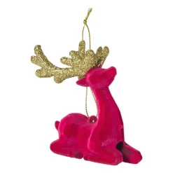 Kersthanger rendier liggend - roze - 8x9 cm