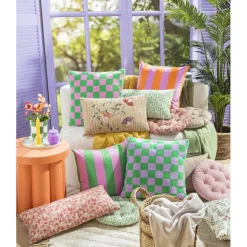 Kussen geblokt - roze/groen - 45x45 cm