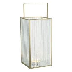 Lantaarn rib vierkant - goud/transparant - 25.5x13x13 cm