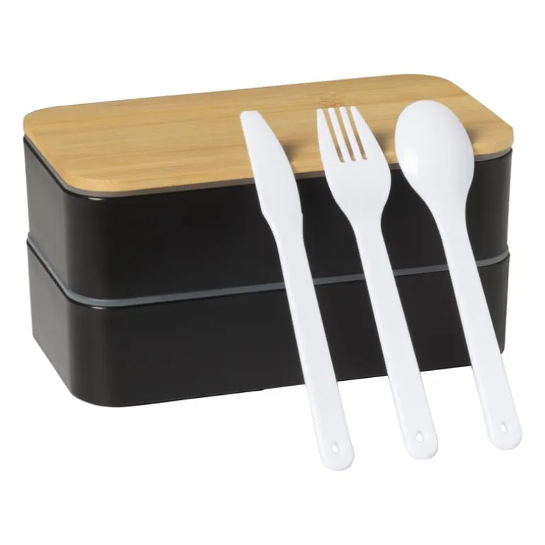 Lunchbox dubbel - zwart - 9.5x18.5x10.5 cm