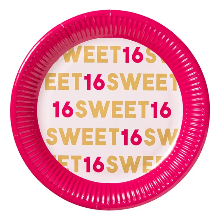 Papieren bordjes 16 jaar - roze - set van 8