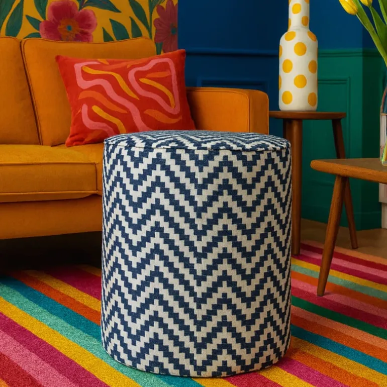 Poef zigzag - blauw/wit - ø35x38 cm