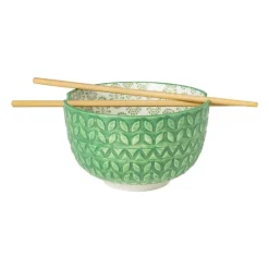 Schaaltje met eetstokjes - groen/wit - ø14.7x9 cm