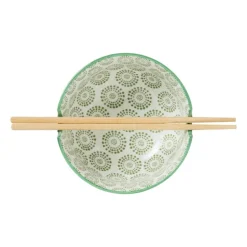 Schaaltje met eetstokjes - groen/wit - ø14.7x9 cm