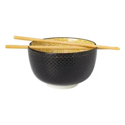 Schaaltje met eetstokjes - geel/zwart - ø14.7x9 cm