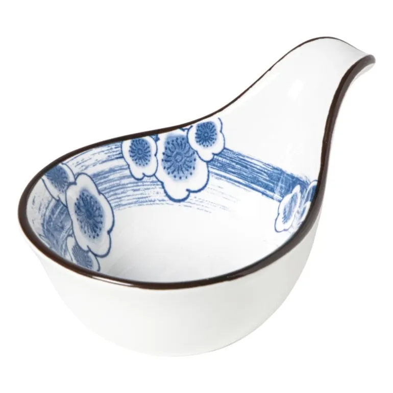 Schaaltje Mico met handvat bloemen - blauw/wit - 3x8x12.5 cm