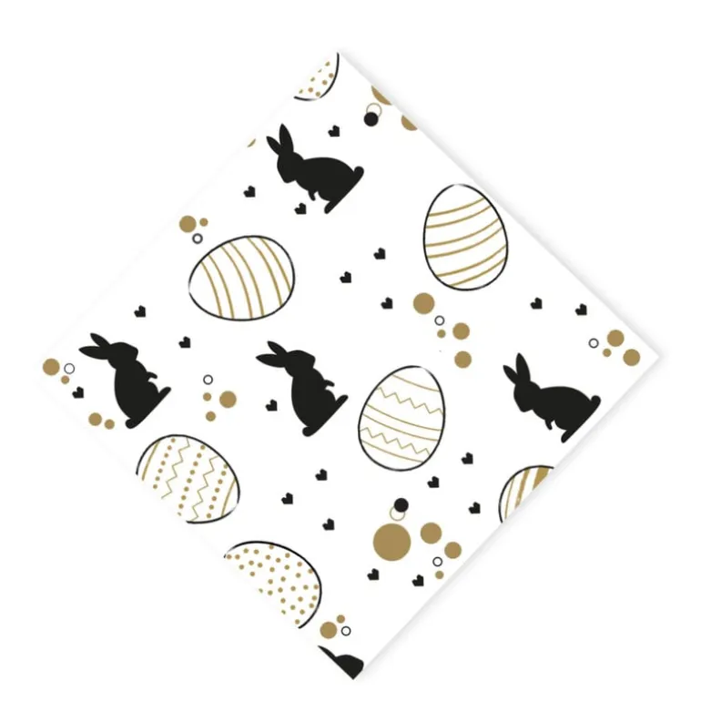 Servetten paashaas set van 12 - wit/goud/zwart - papier - 33x33 cm