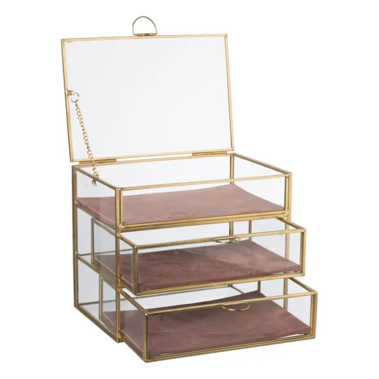 Sieradendoos met 3 lades - goud/roze - 18x12x15 cm