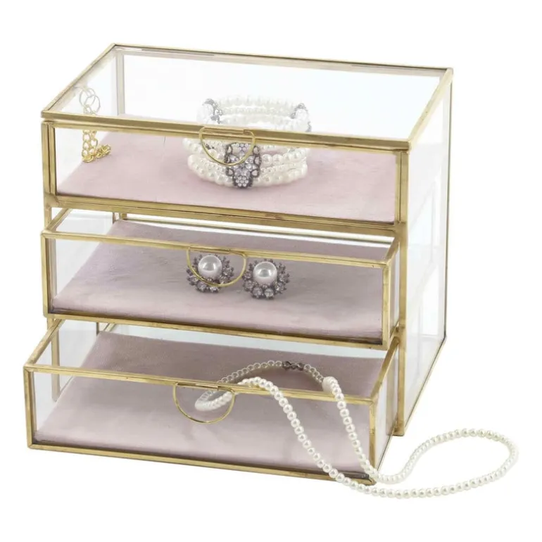 Sieradendoos met 3 lades - goud/roze - 18x12x15 cm