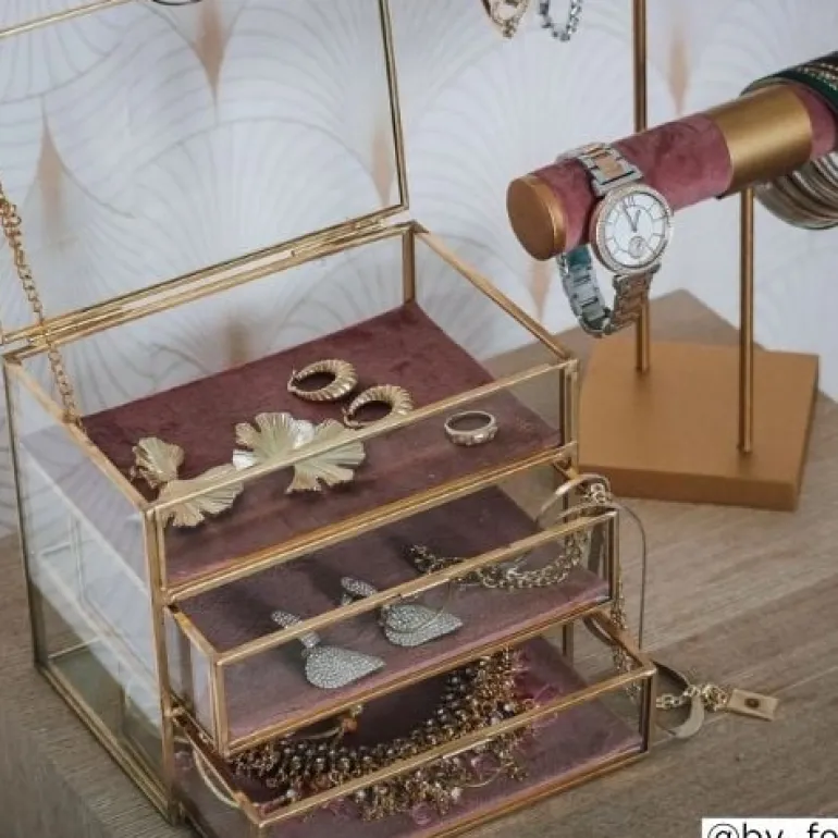 Sieradendoos met 3 lades - goud/roze - 18x12x15 cm