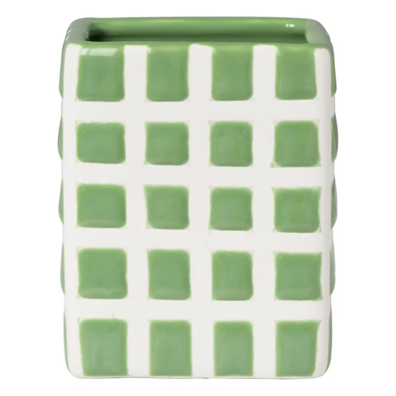 Tandenborstel beker blokjes - groen/wit - 8.8x7x7 cm