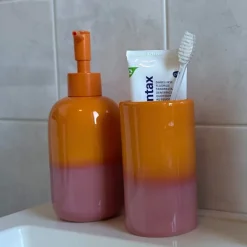 Tandenborstel beker duo - oranje/roze - ø6.5x11.5 cm