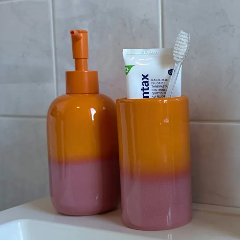 Tandenborstel beker duo - oranje/roze - ø6.5x11.5 cm
