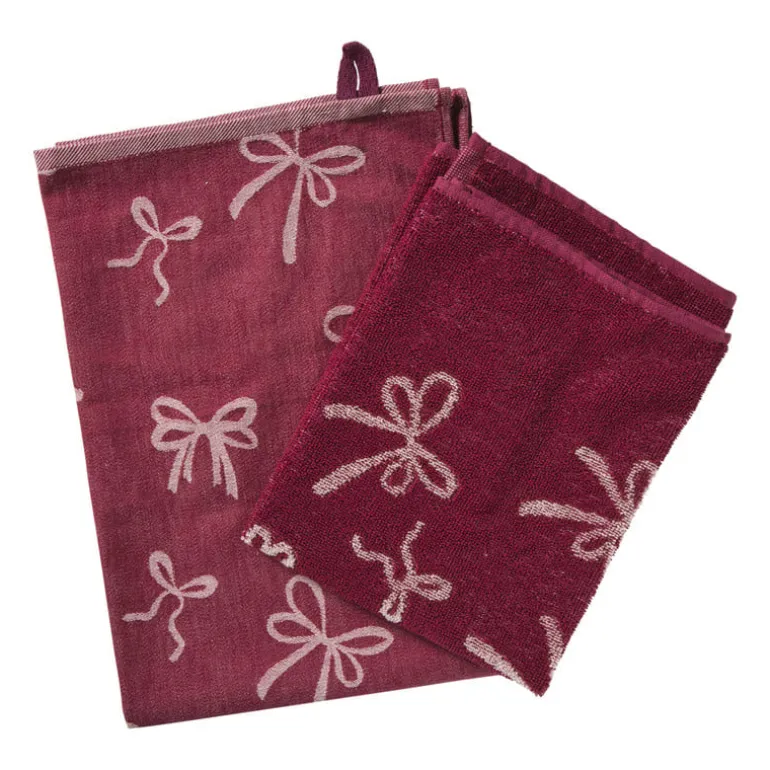 Theedoek strikjes - bordeauxrood/roze - 50x70 cm