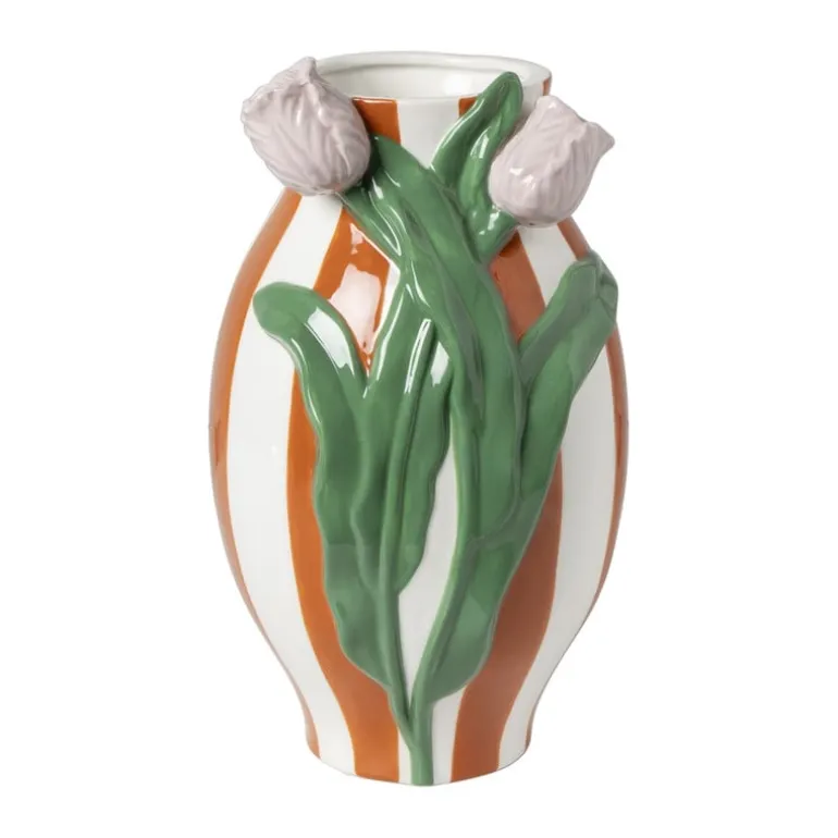 Vaas gestreept met tulp - oranje/groen/roze - ø15.6x28.5 cm