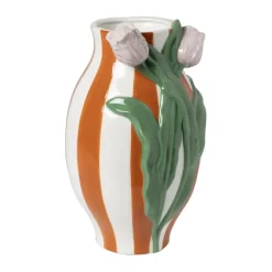Vaas gestreept met tulp - oranje/groen/roze - ø15.6x28.5 cm