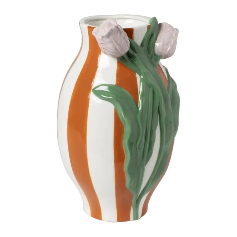 Vaas gestreept met tulp - oranje/groen/roze - ø15.6x28.5 cm