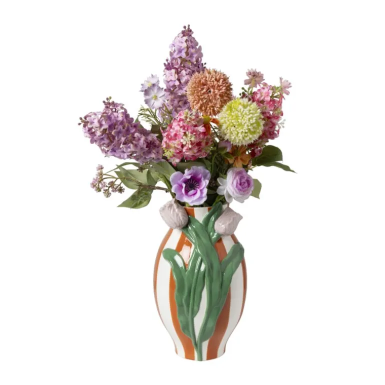 Vaas gestreept met tulp - oranje/groen/roze - ø15.6x28.5 cm