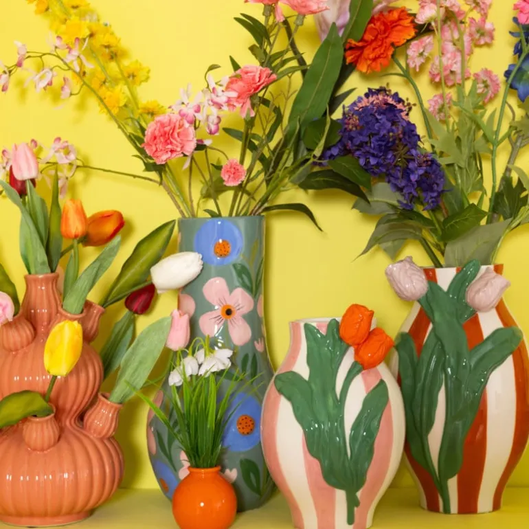 Vaas gestreept met tulp - oranje/groen/roze - ø15.6x28.5 cm
