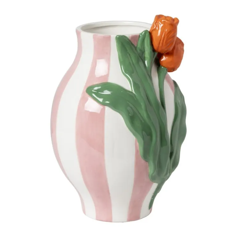 Vaas gestreept met tulp - roze/groen/oranje - ø16.6x24 cm