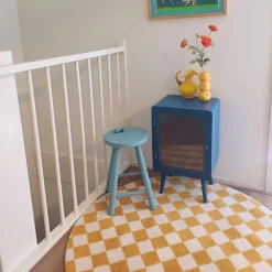 Vloerkleed checks - geel/wit - ø120 cm