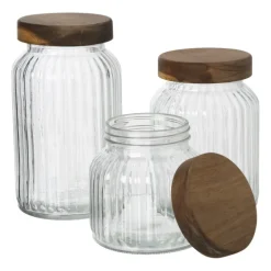 Voorraadpot ribbel met acacia deksel - ø11x20 cm