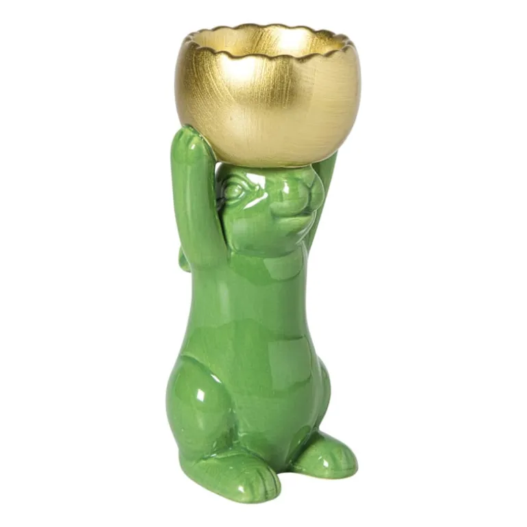 Waxinelichthouder haas - groen/goudkleurig - 8.5x13x6.5 cm