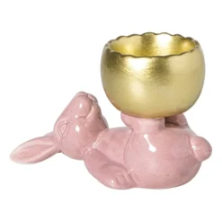 Waxinelichthouder haas - roze/goudkleurig - 8.5x13x6.5 cm