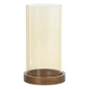 Windlicht glas en hout groot - beige/bruin - ø12x25 cm