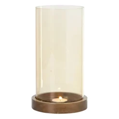 Windlicht glas en hout groot - beige/bruin - ø12x25 cm